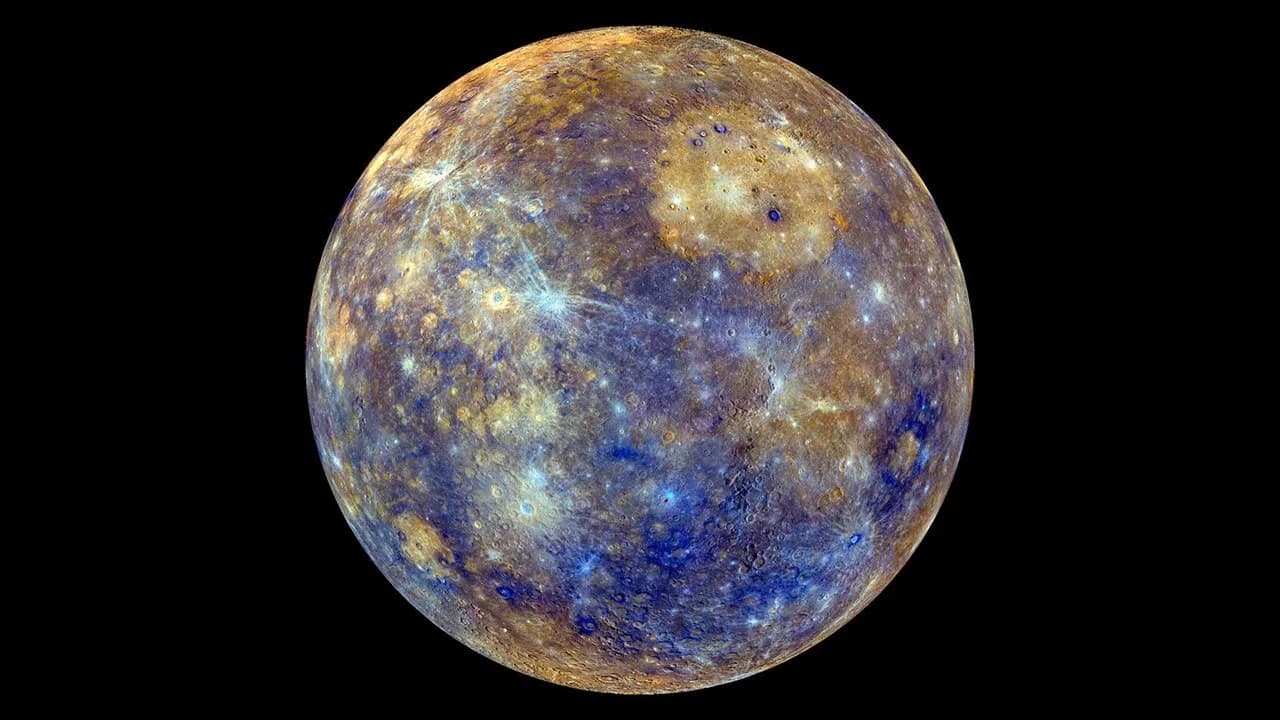 Reference image of Mercury from MESSENGER, showing enhanced-colour surface variations across the innermost planet