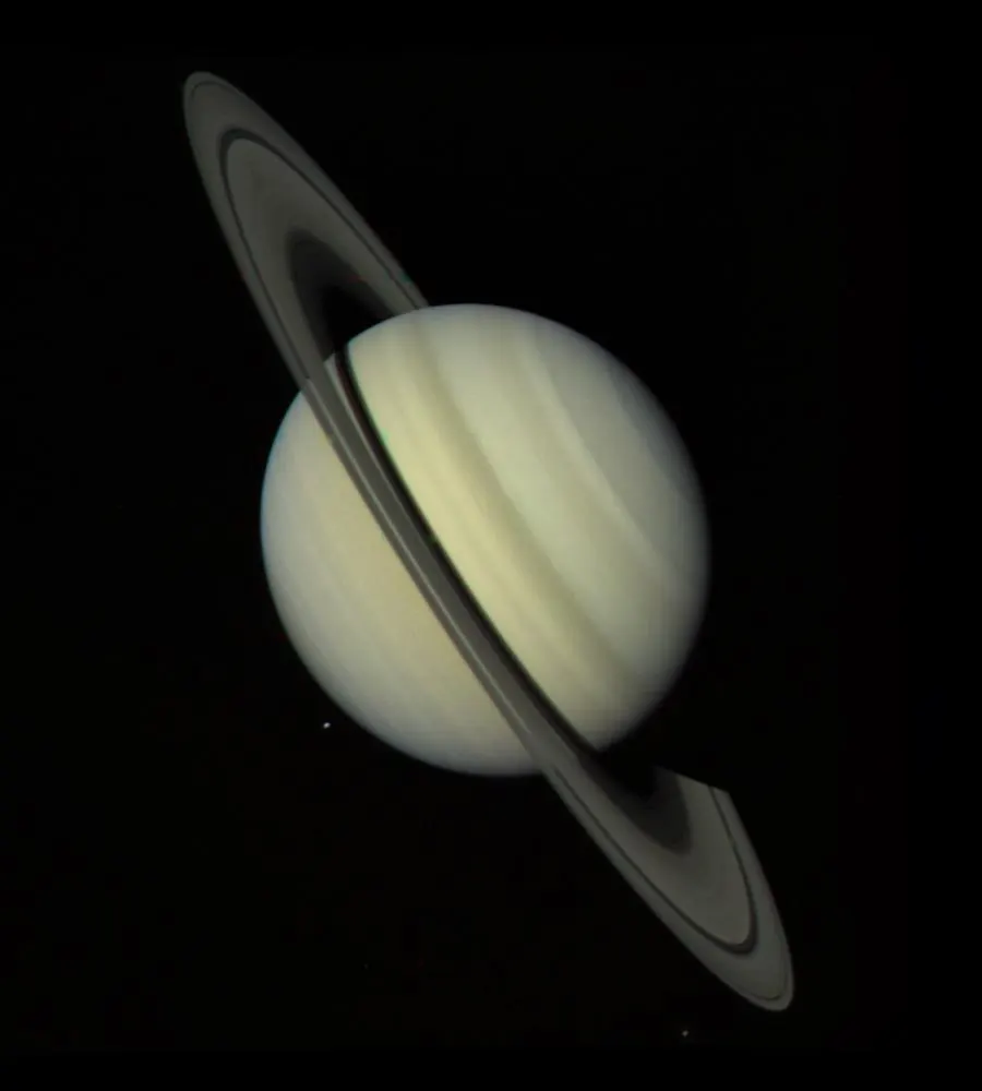 Reference image of Saturn during Cassini's approach, showing the full disk of the planet and its ring system