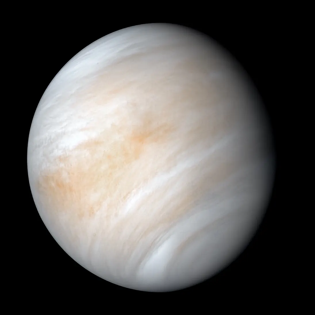Reference image of Venus from Mariner 10 showing its featureless cloud-covered disk